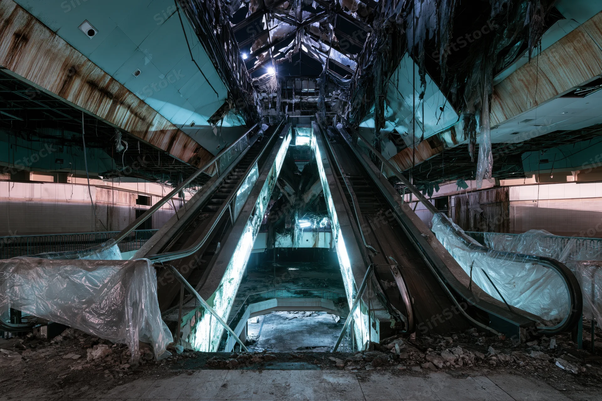 Broken escalators in an abandoned mall interior with collapsed ceiling and debris