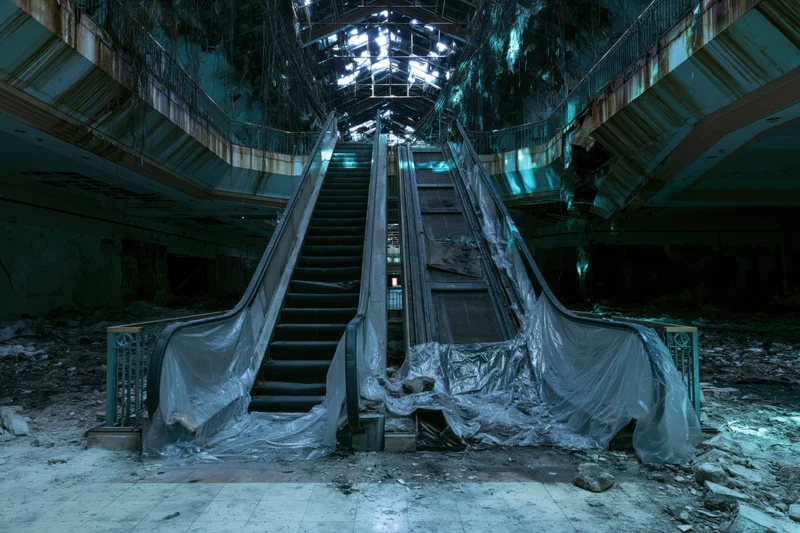 Broken escalators in an abandoned shopping mall interior with collapsed ceiling and debris