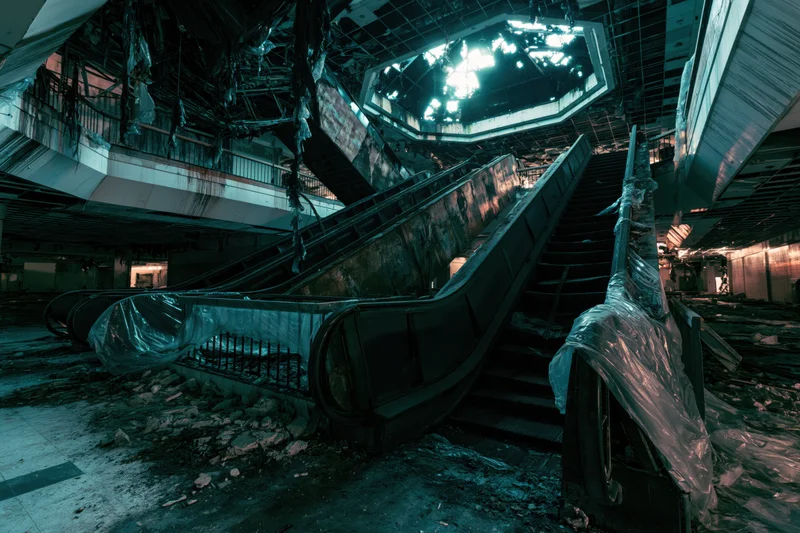 Broken escalators in an abandoned shopping mall interior with collapsed ceiling and debris