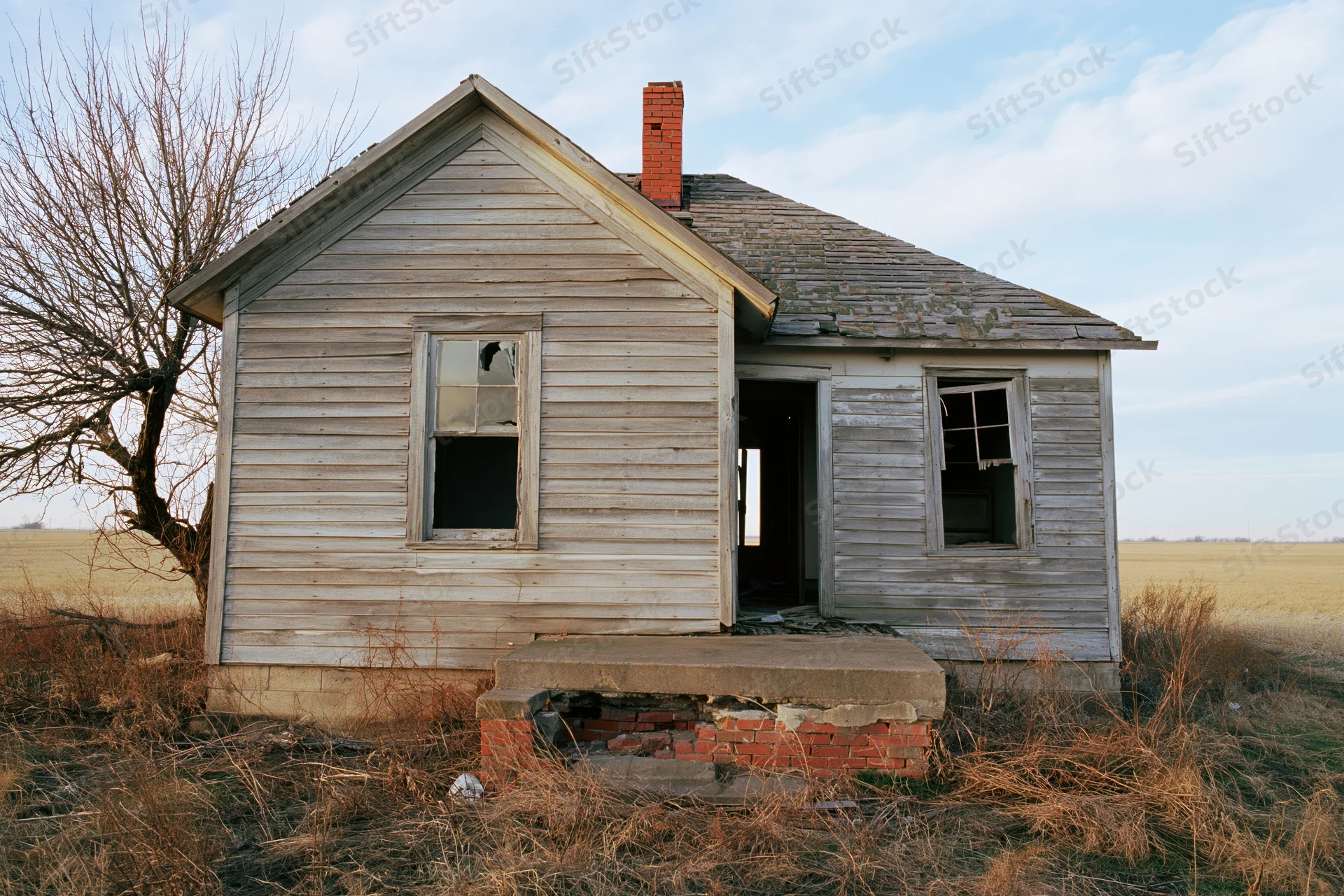 Abandoned single-story wooden farmhouse with broken windows and open door in a rural field
