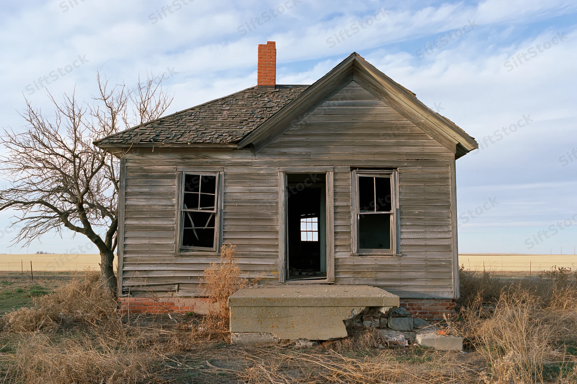 Abandoned wooden farmhouse with broken windows and open door in a dry field under a blue sky