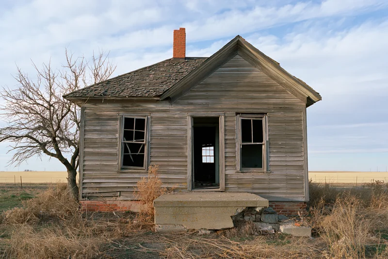 Abandoned wooden farmhouse with broken windows and open door in a dry field under a blue sky