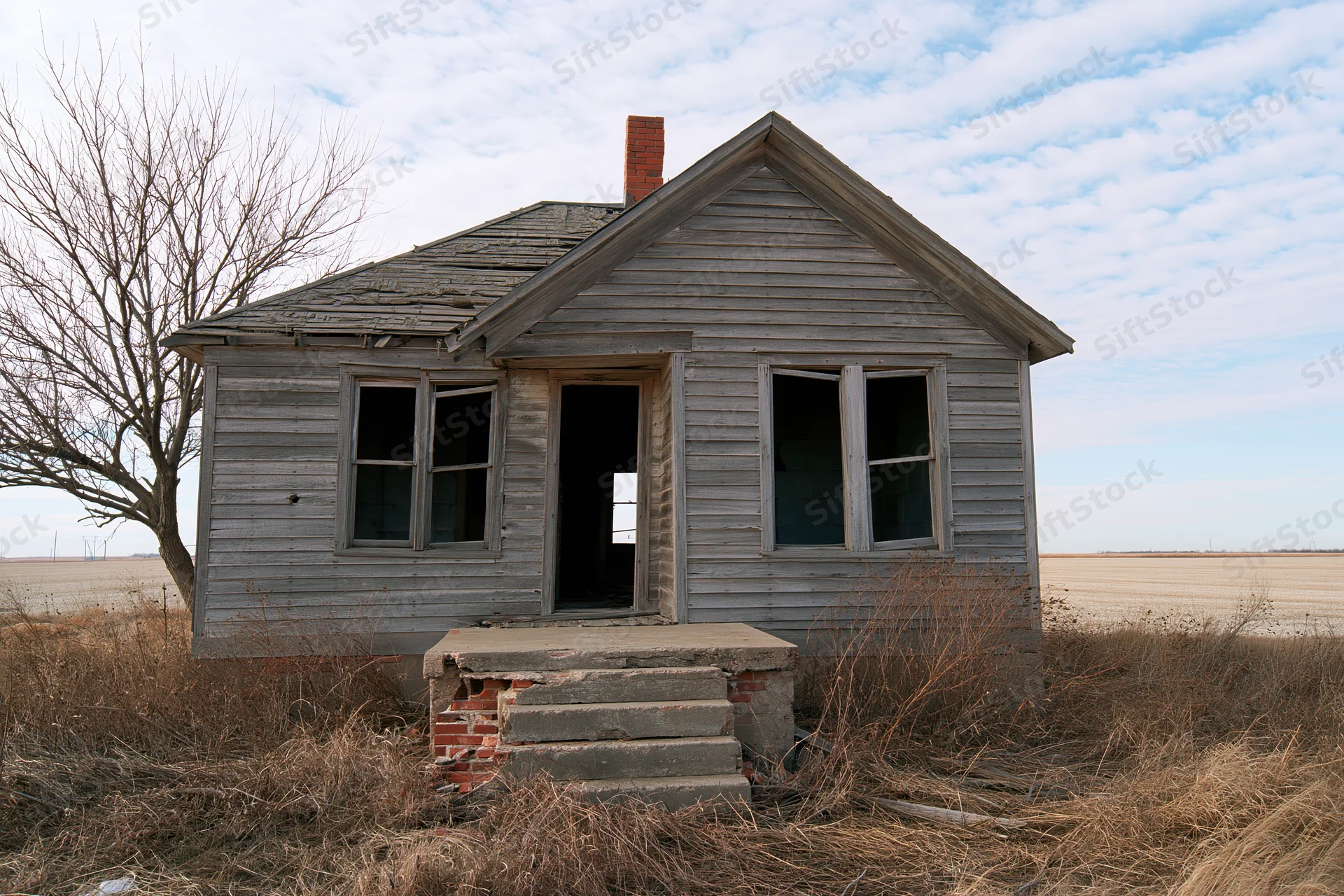 Abandoned wooden farmhouse with broken windows and open door in a dry field