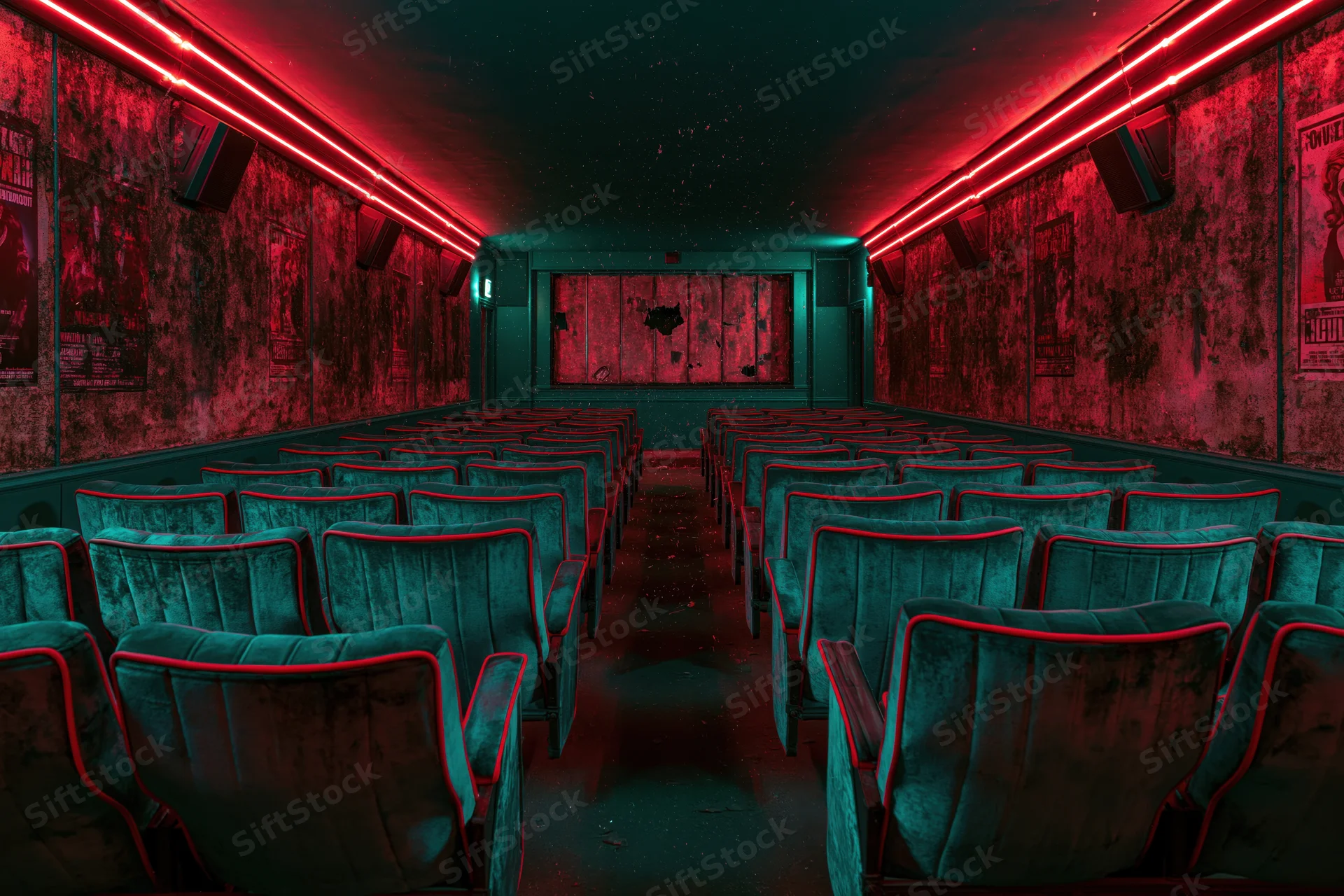 Rows of worn teal velvet seats in an abandoned cinema interior lit by red neon lights