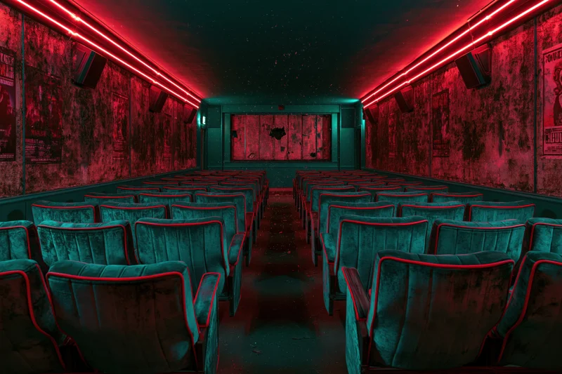 Rows of worn teal velvet seats in an abandoned cinema interior lit by red neon lights