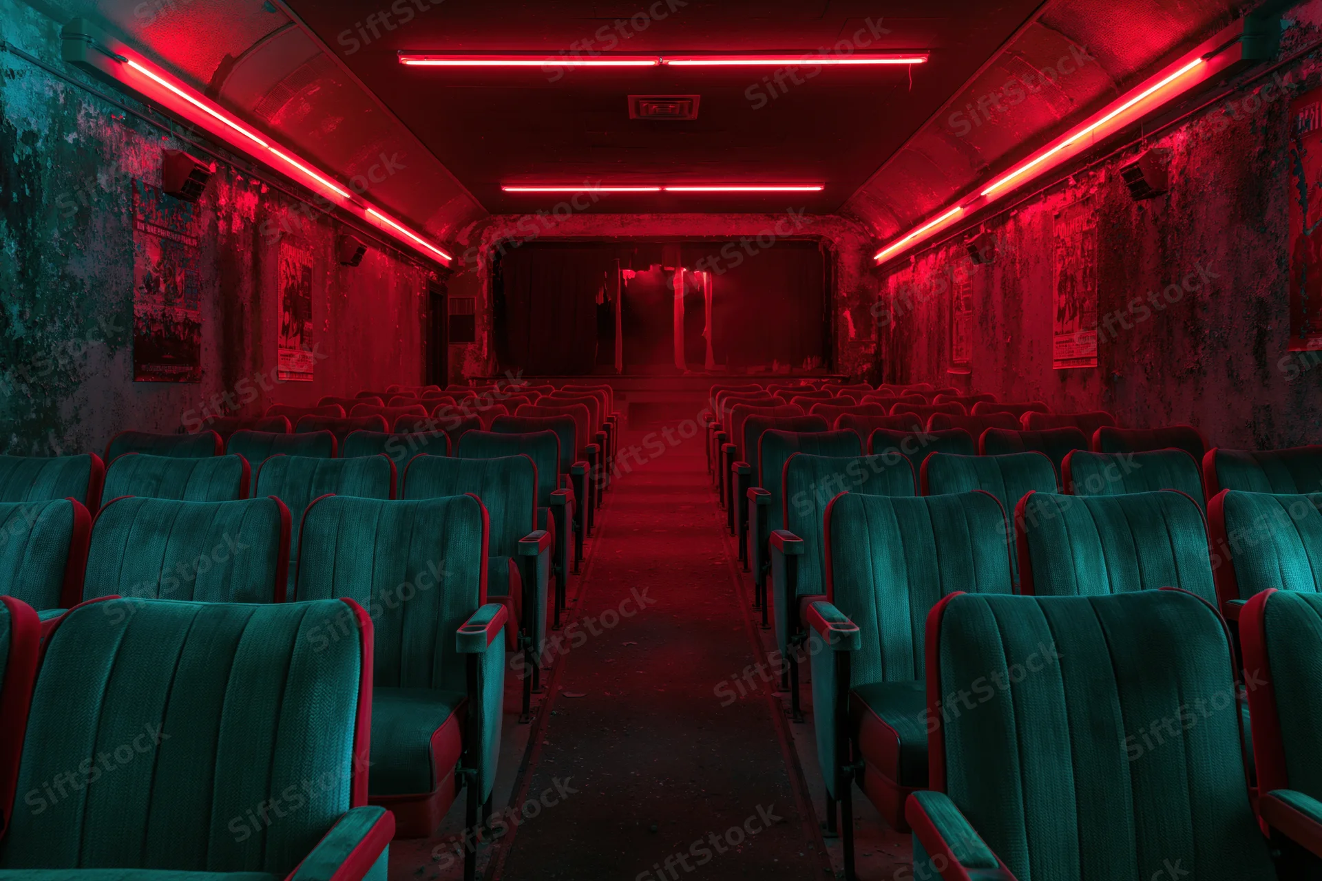 Rows of worn teal velvet seats in an abandoned cinema interior lit by red neon lights