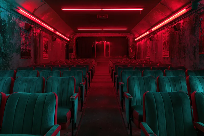 Rows of worn teal velvet seats in an abandoned cinema interior lit by red neon lights
