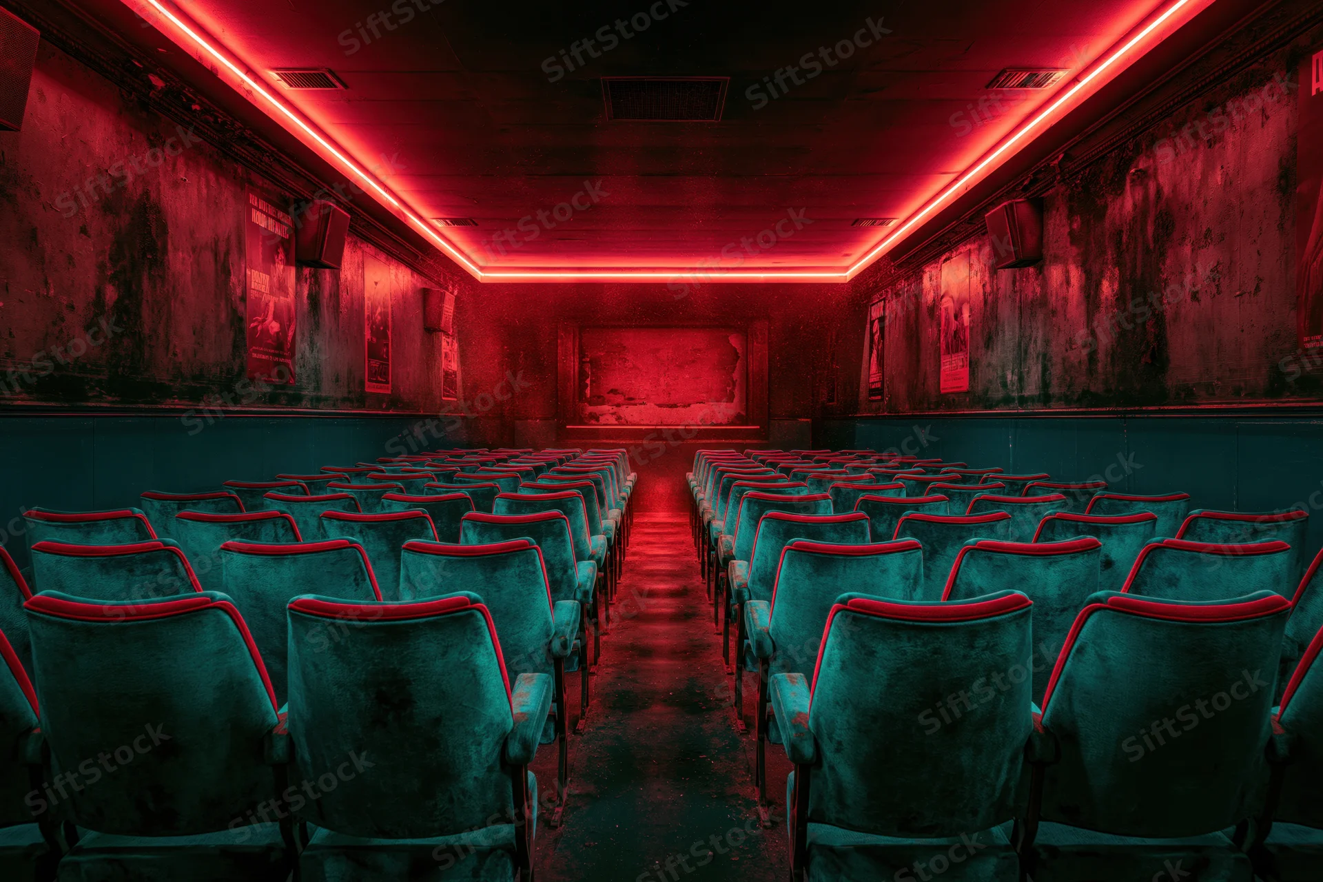 Rows of worn teal velvet seats in an abandoned cinema interior lit by red neon lights