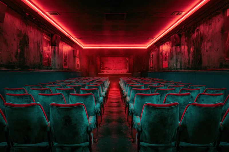Rows of worn teal velvet seats in an abandoned cinema interior lit by red neon lights