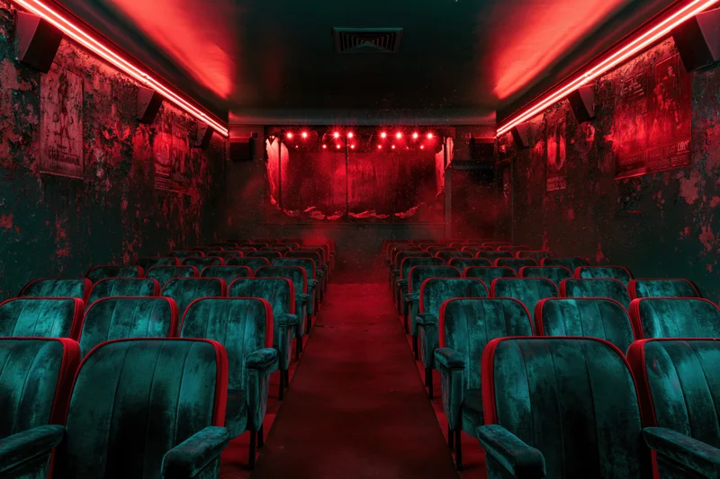 Rows of worn teal velvet seats in an abandoned cinema interior with red neon lighting and a dark stage
