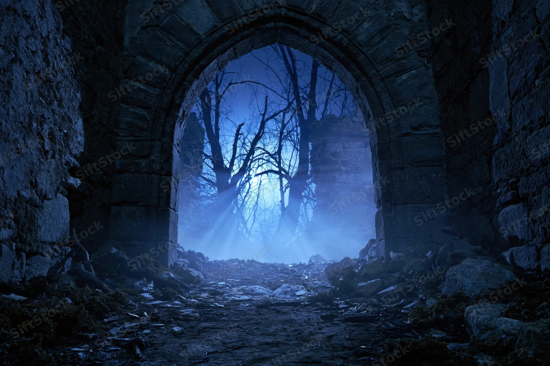Stone ruin doorway at night with moonlight rays piercing through bare trees in foggy forest