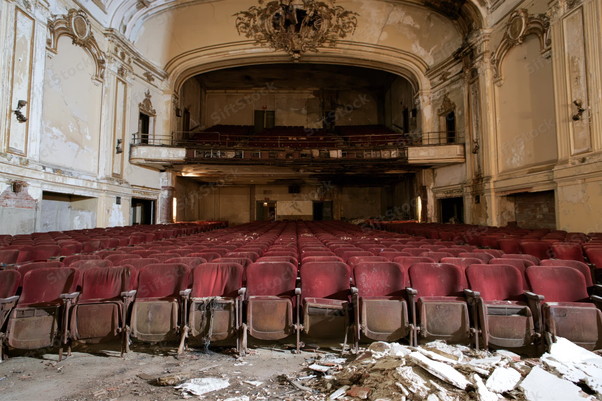 Rows of red seats in a decaying theater interior with broken plaster and peeling walls
