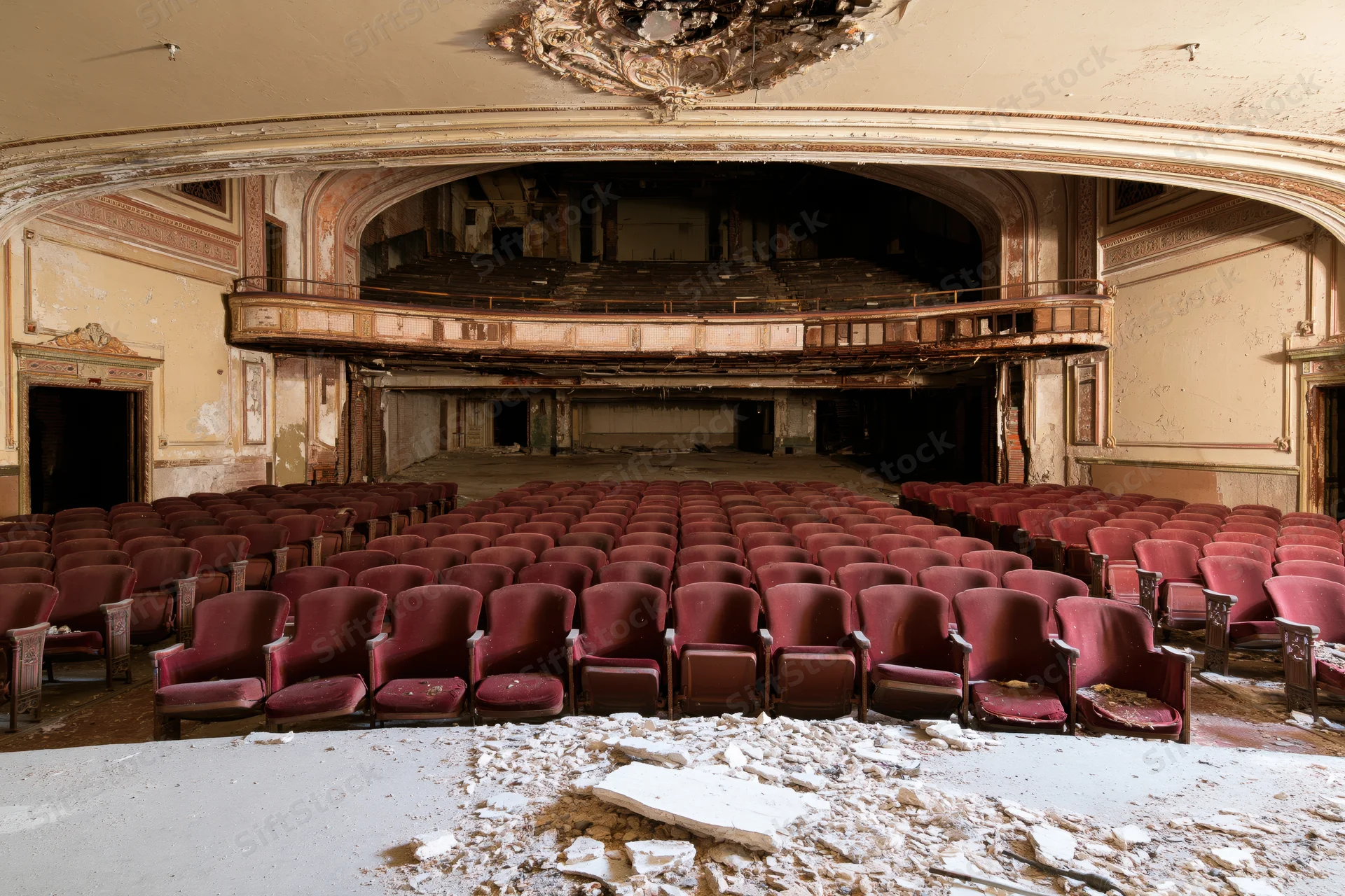 Rows of red velvet seats in a decaying theater interior with crumbling walls and debris on the floor