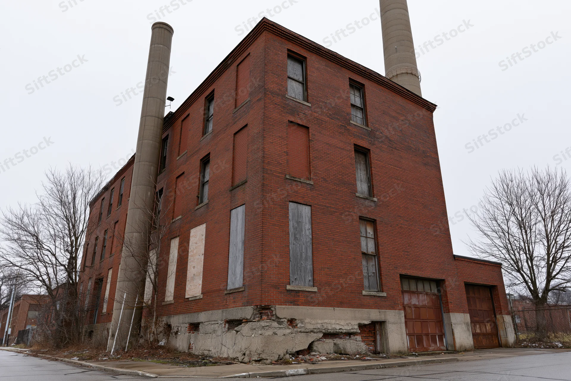 Abandoned three-story red brick industrial factory building with boarded windows and two chimneys on a gray winter day