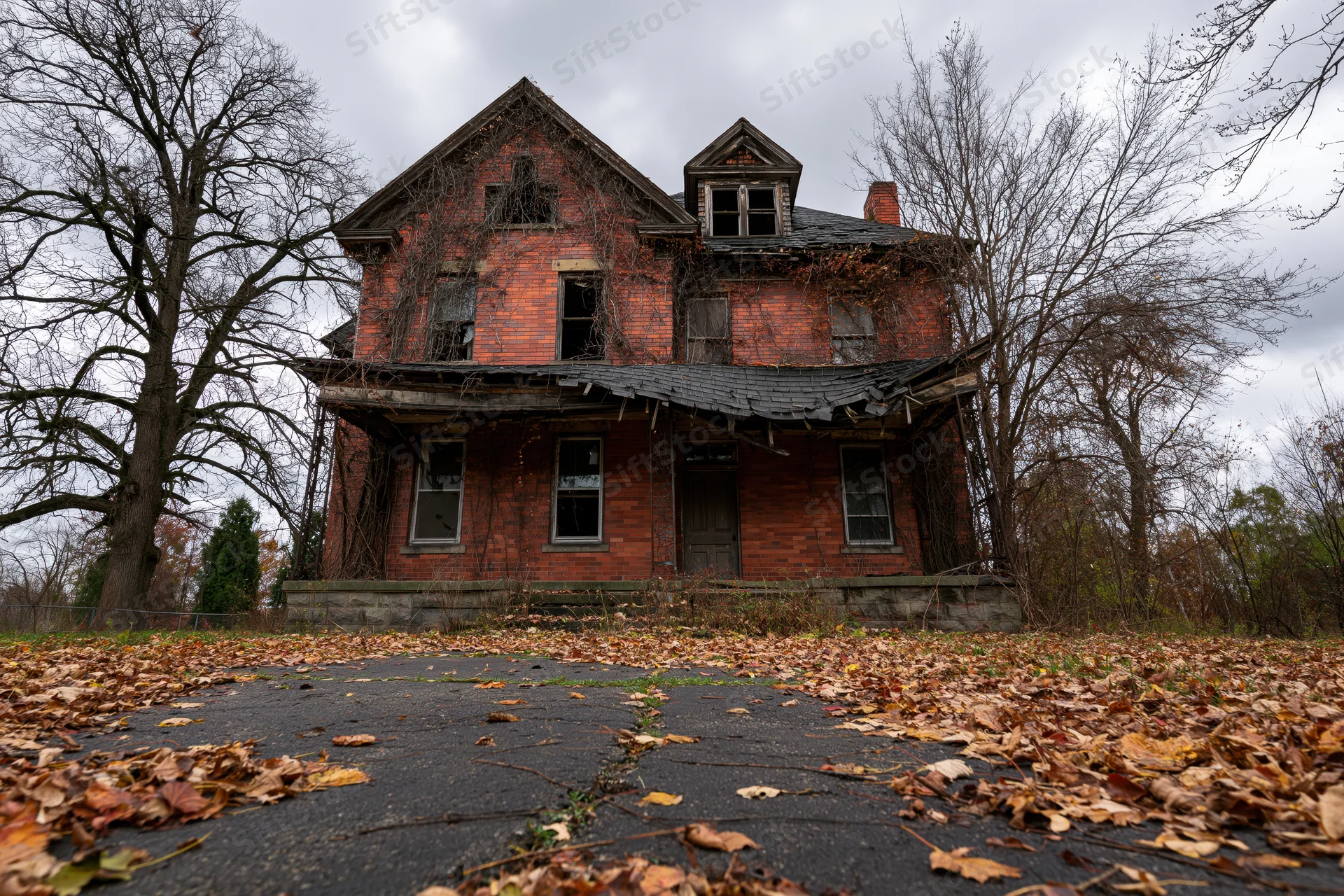 Abandoned two-story brick house with broken windows and dead vines overgrown in autumn landscape