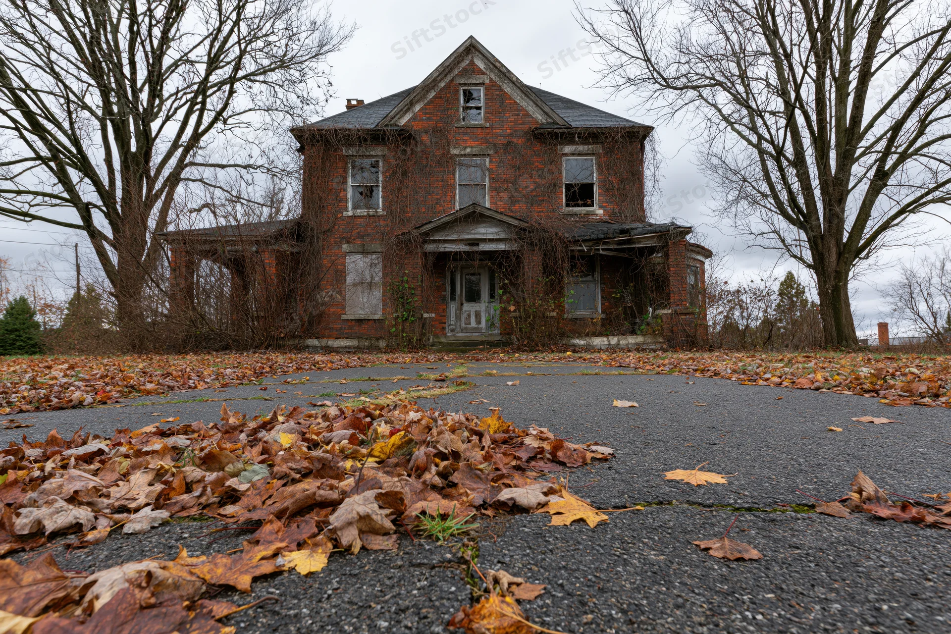 Abandoned two-story brick house with dead vines and fallen leaves on the driveway