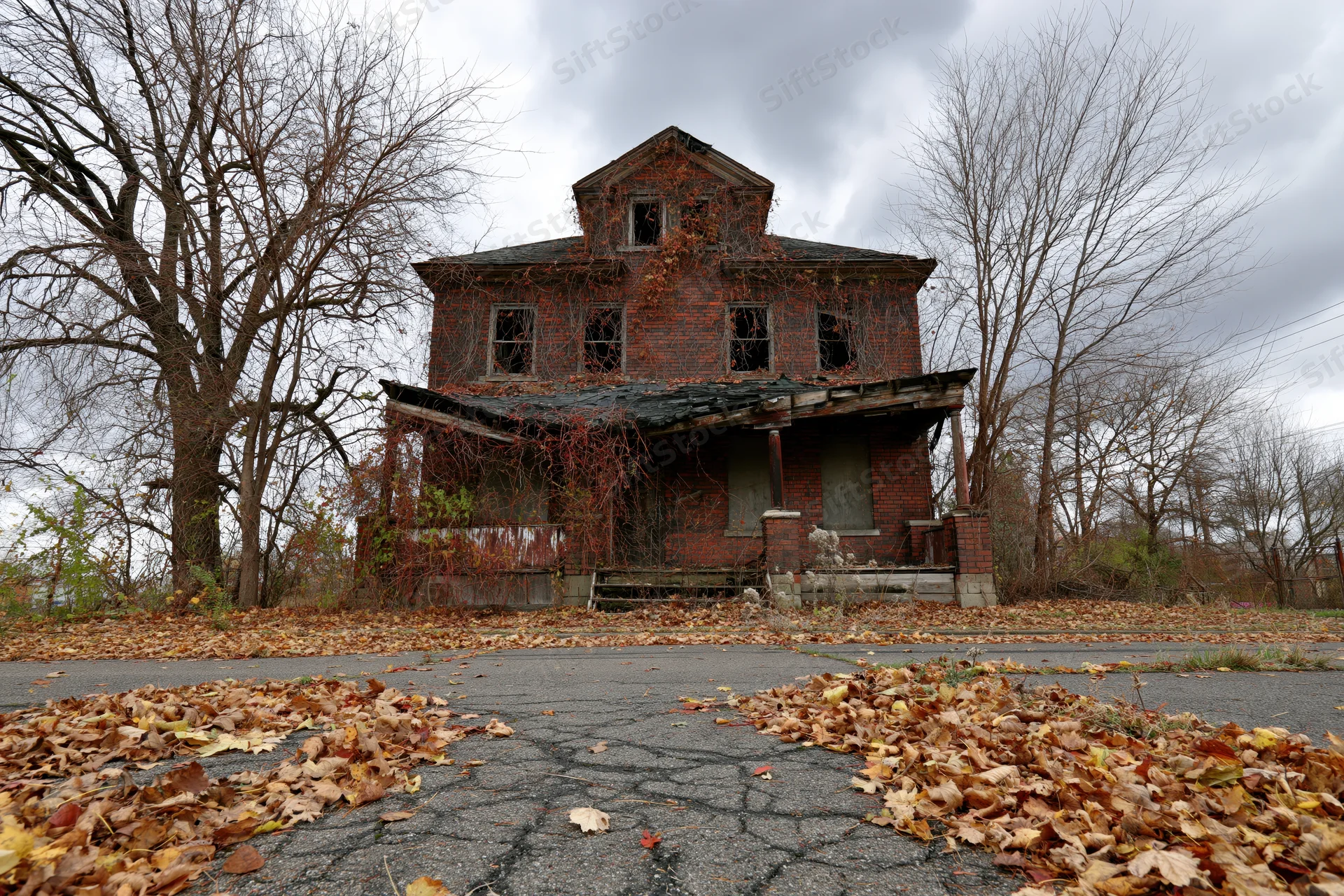 Abandoned two-story brick house overgrown with dead vines and surrounded by fallen autumn leaves on a cracked pavement under a cloudy sky