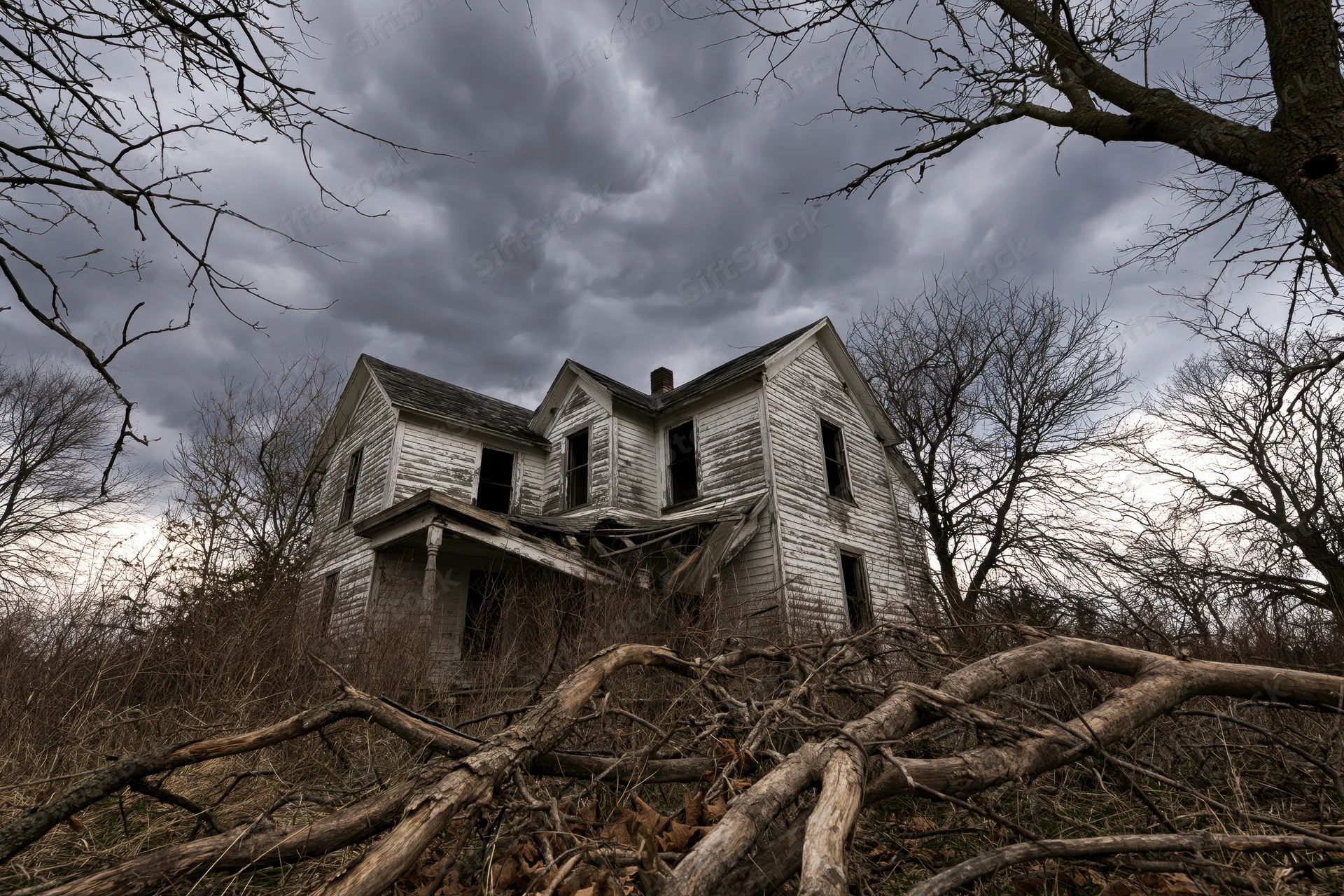 Abandoned two-story clapboard farmhouse with collapsed front porch surrounded by fallen trees and overgrown vegetation under stormy sky