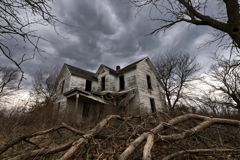 Abandoned two-story clapboard farmhouse with collapsed front porch surrounded by fallen trees and overgrown vegetation under stormy sky