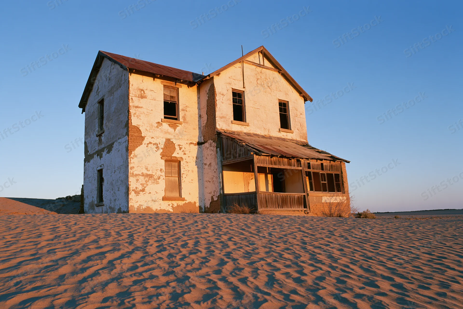 Abandoned two-story colonial house with crumbling plaster walls standing in desert sand under clear blue sky