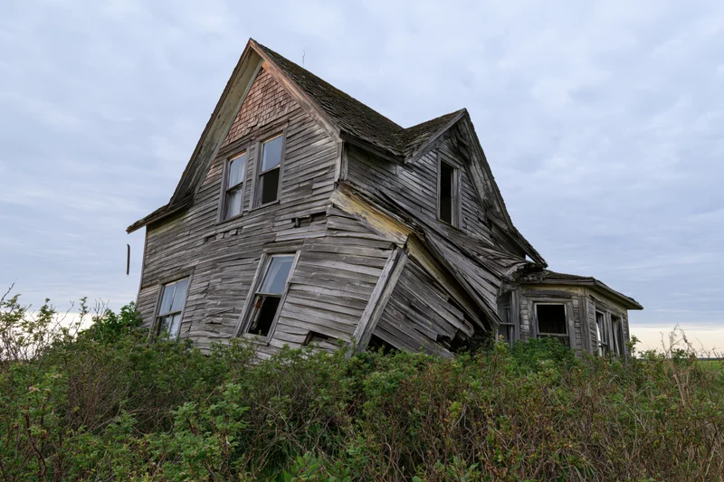 Collapsing two-story wooden farmhouse surrounded by overgrown shrubs under cloudy sky
