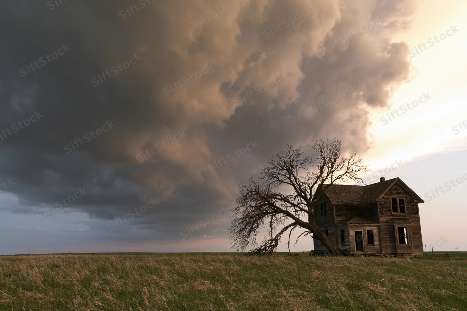 Abandoned two-story farmhouse on flat prairie under stormy sky with bare tree beside it