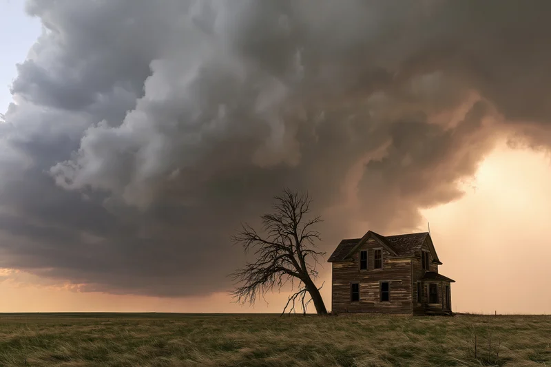 Abandoned two-story farmhouse on flat prairie under stormy sky