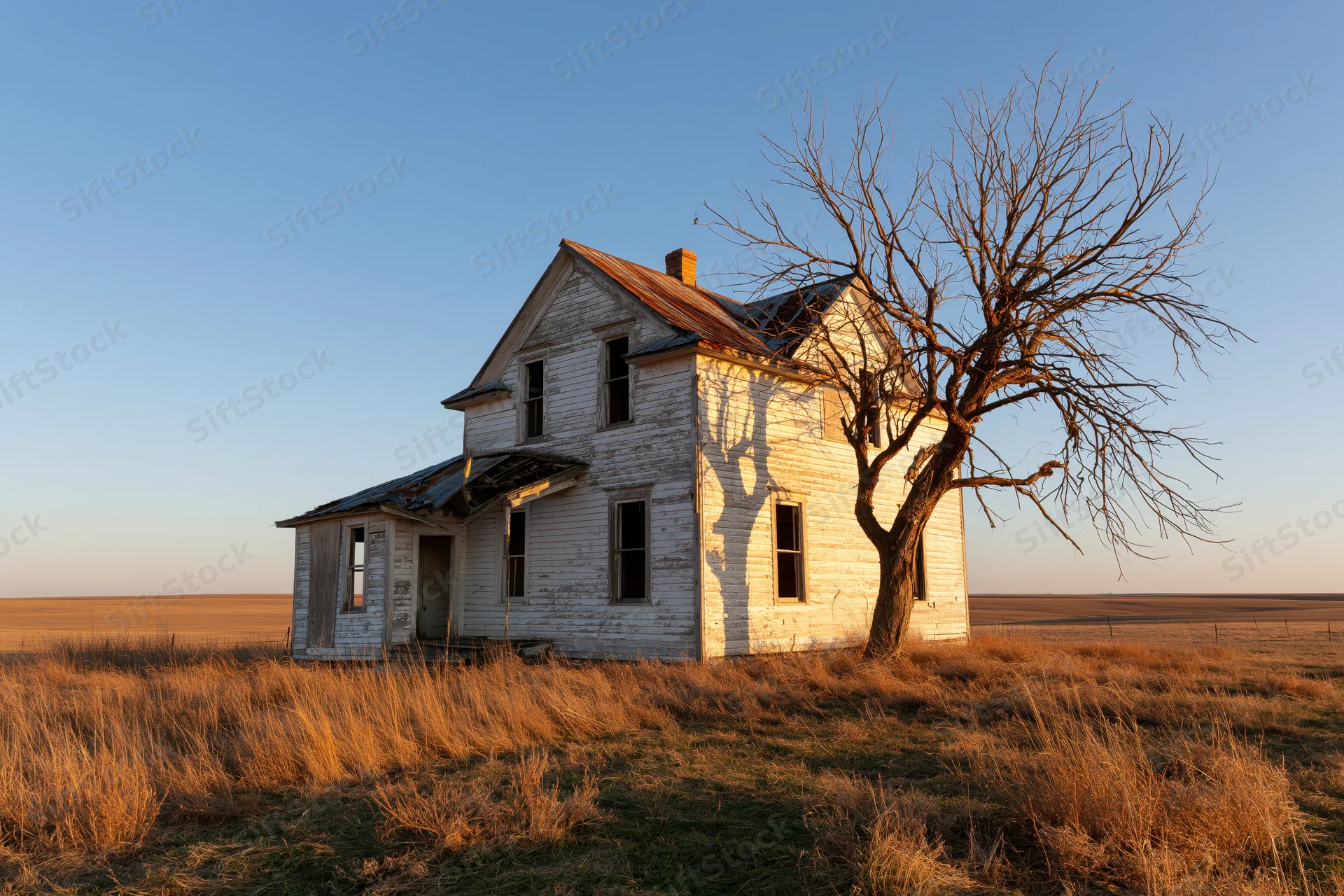 Abandoned two-story farmhouse with collapsed porch roof and bare tree in open field at sunset