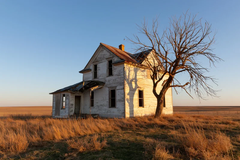 Abandoned two-story farmhouse with collapsed porch roof and bare tree in open field at sunset