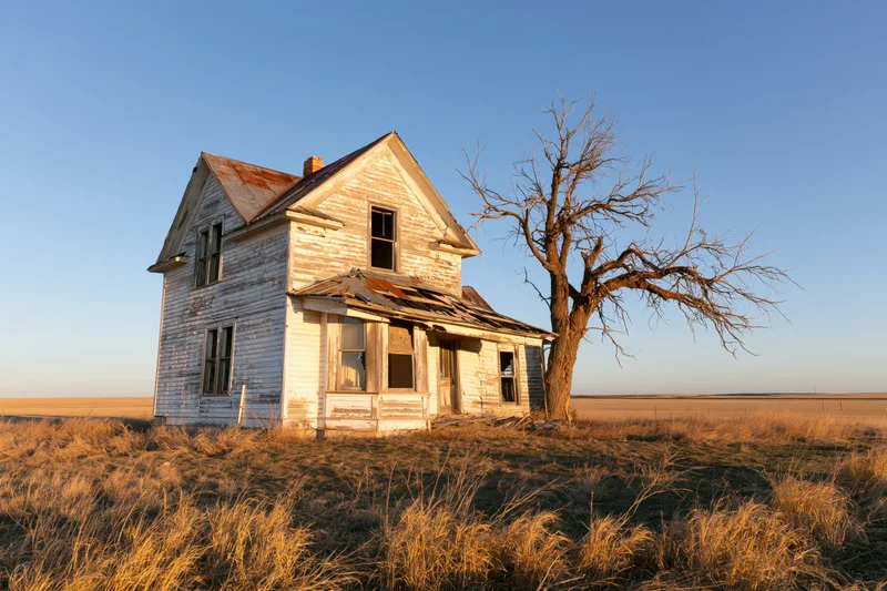 Abandoned two-story farmhouse with collapsed porch roof and bare tree in a dry grassy field under clear blue sky at sunset