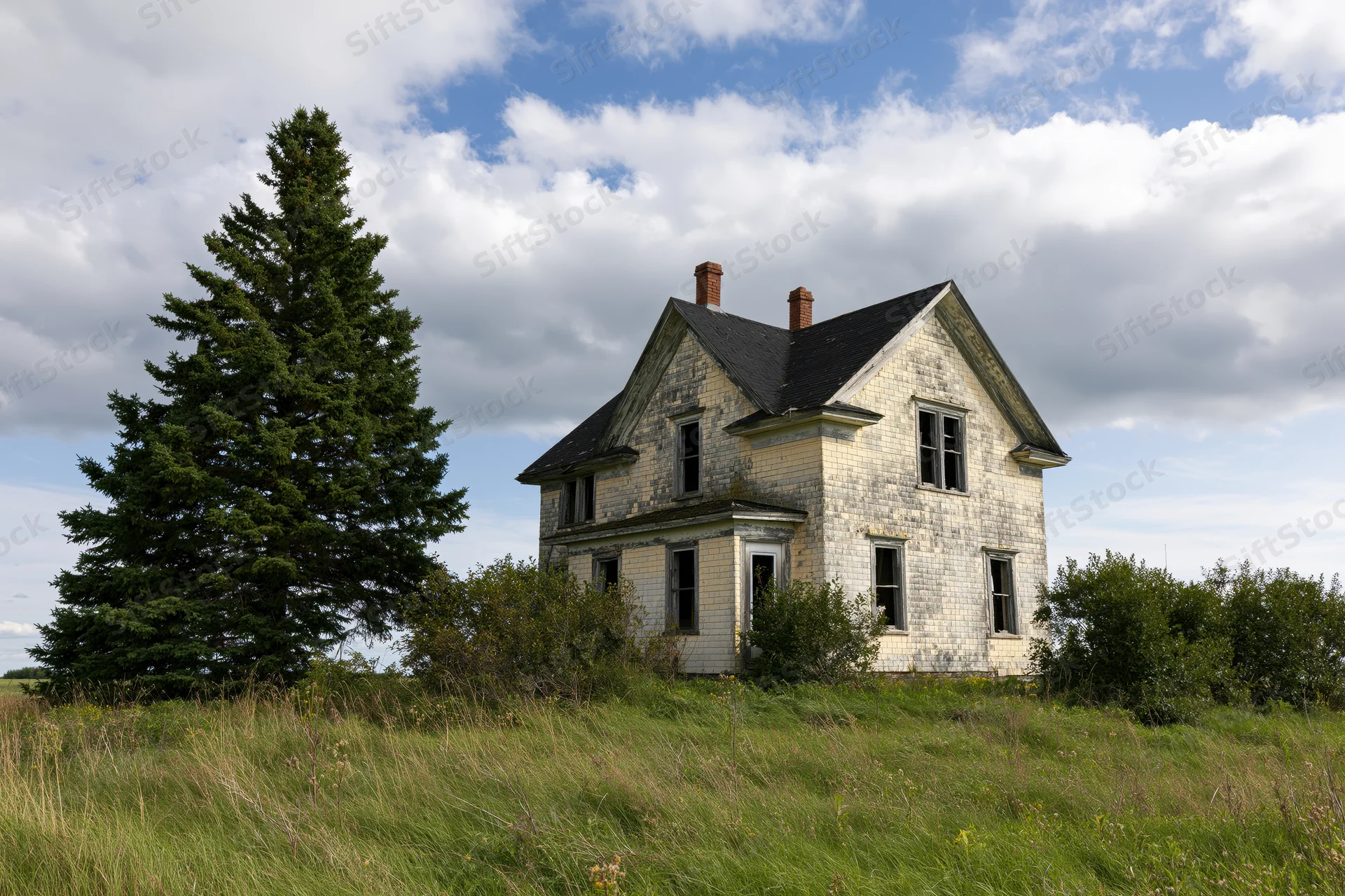 Abandoned two-story farmhouse with weathered yellow shingle siding surrounded by overgrown grass and a tall pine tree under a partly cloudy sky