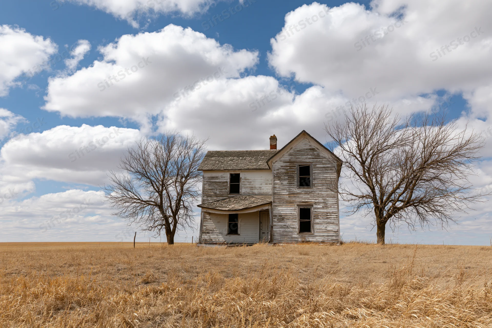 Abandoned two-story farmhouse with peeling white paint stands in a dry grass field under a cloudy blue sky flanked by bare trees