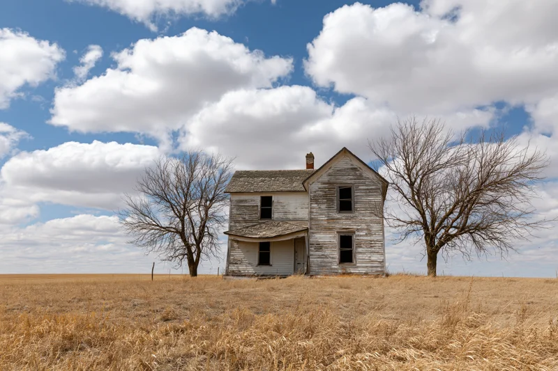 Abandoned two-story farmhouse with peeling white paint stands in a dry grass field under a cloudy blue sky flanked by bare trees