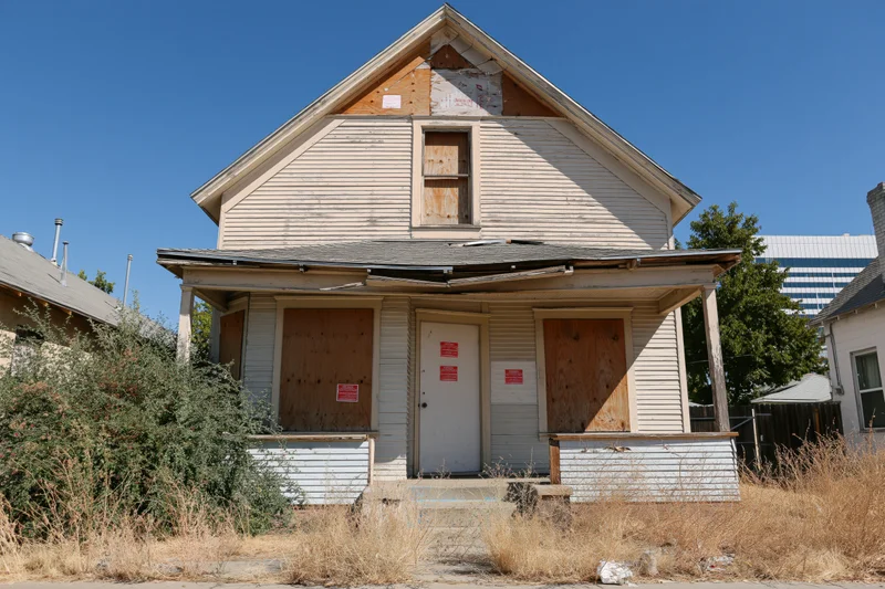 Abandoned two-story house with boarded windows and overgrown yard under clear blue sky