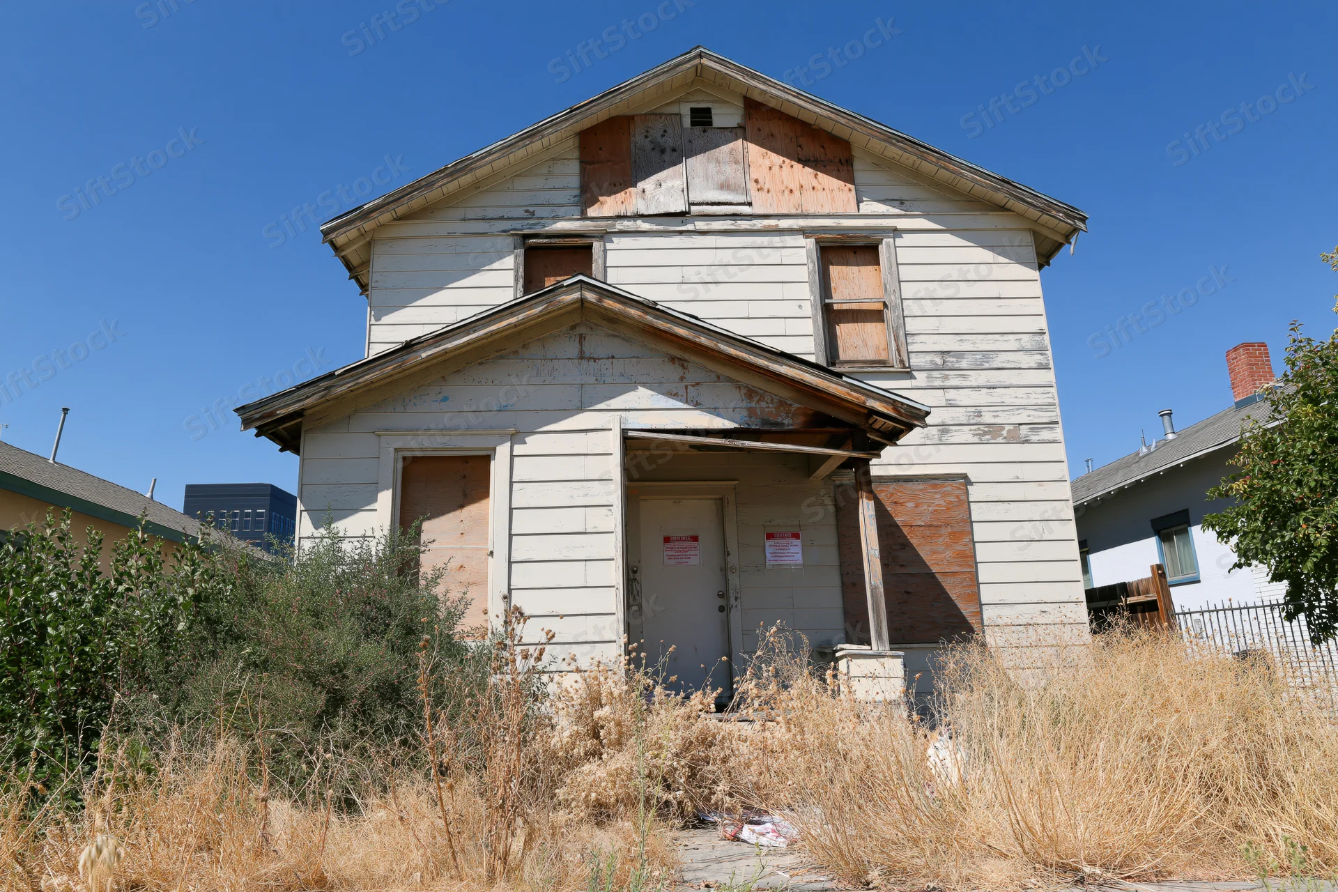 Abandoned two-story house with boarded windows and overgrown weeds in urban neighborhood