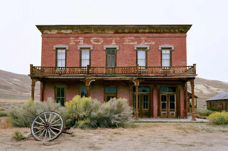 Abandoned two-story red brick hotel with wooden balcony and wagon wheel in front, set in a dry desert landscape