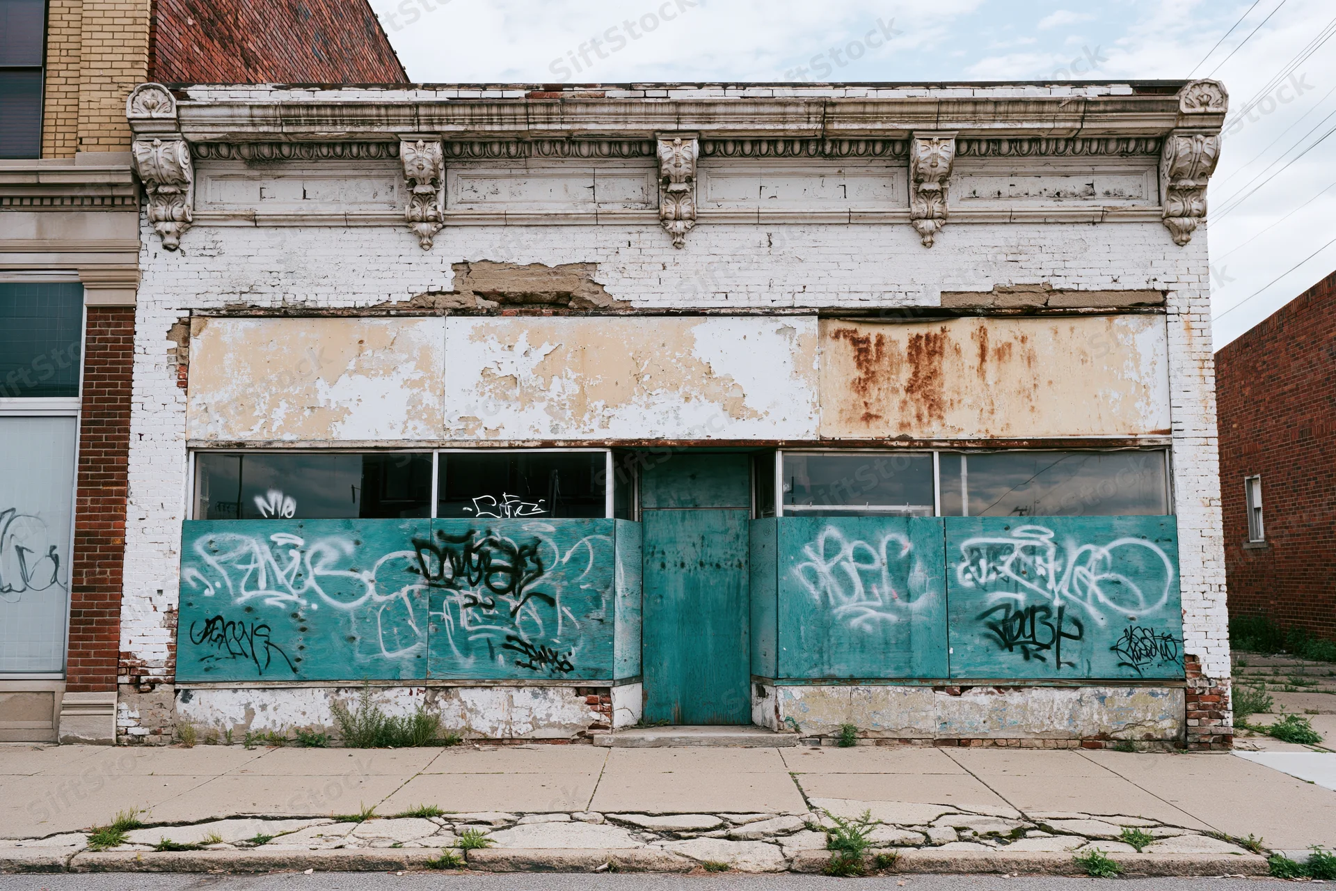 Abandoned two-story storefront with graffiti-covered boarded windows and peeling paint on an urban street