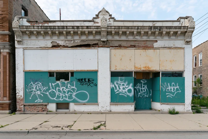 Abandoned two-story storefront with boarded windows and graffiti on an empty urban street
