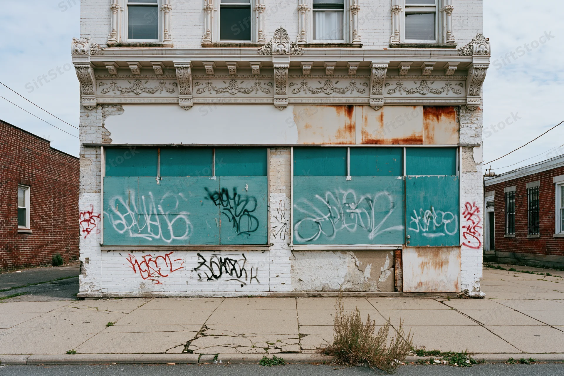 Abandoned two-story storefront with graffiti-covered teal shutters on an empty urban street