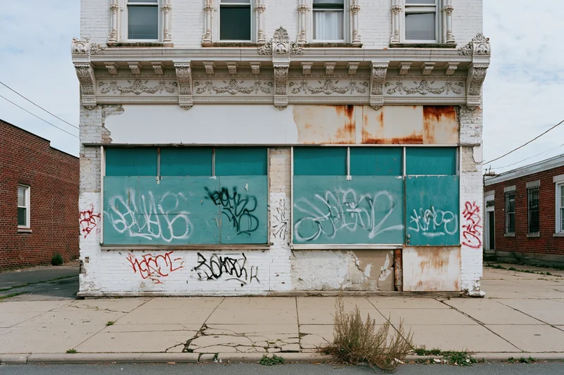 Abandoned two-story storefront with graffiti-covered teal shutters on an empty urban street