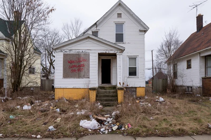 Abandoned white clapboard house with boarded windows and trash in overgrown yard in detroit neighborhood