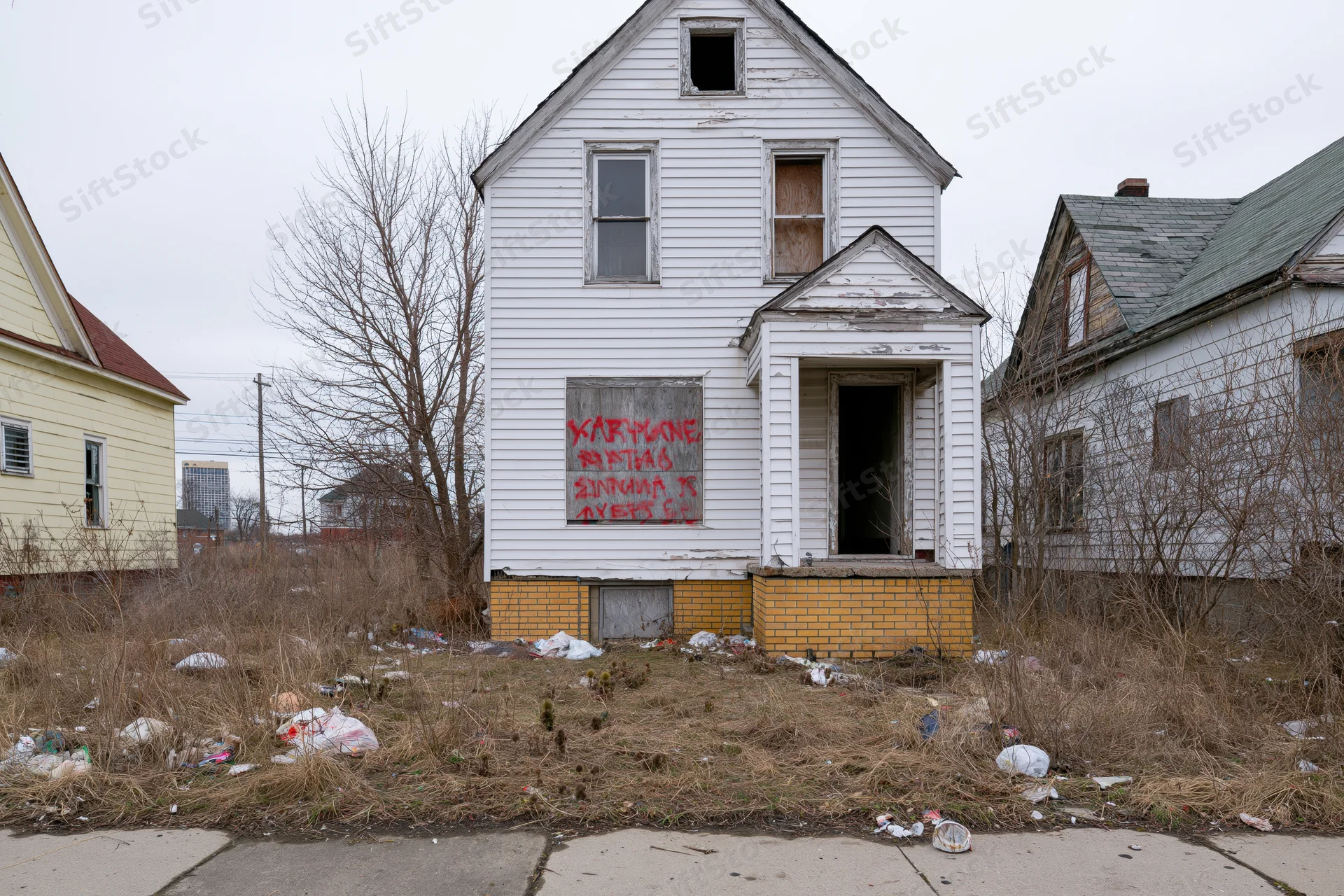 Abandoned two-story white clapboard house with graffiti and trash in a detroit neighborhood