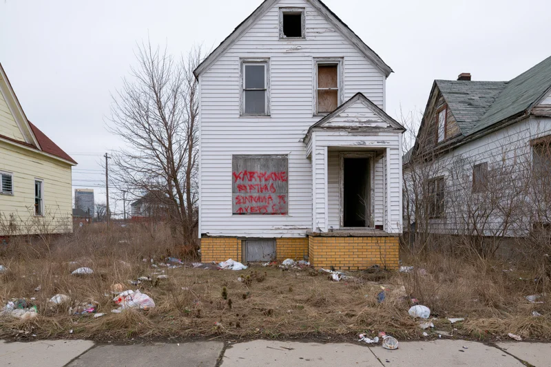Abandoned two-story white clapboard house with graffiti and trash in a detroit neighborhood