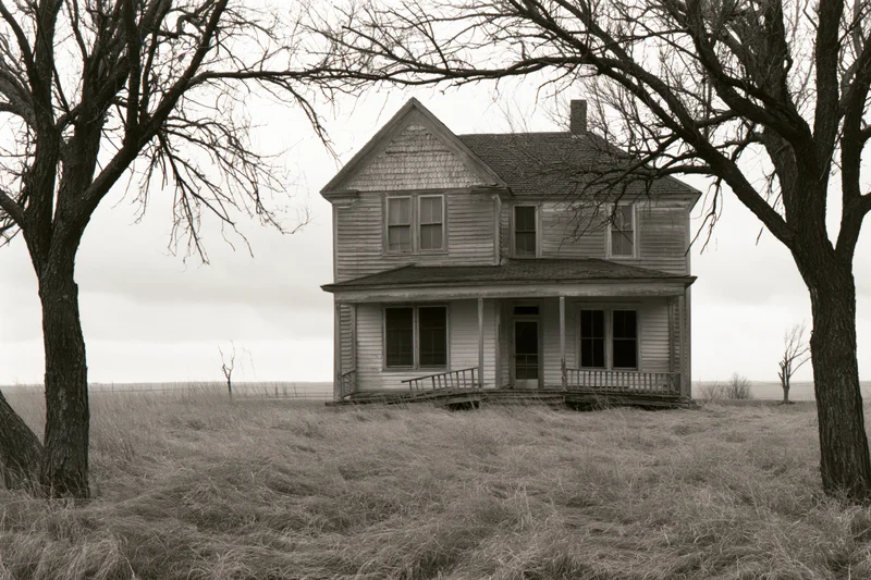 Abandoned two-story wooden farmhouse with sagging porch in a grassy rural field framed by bare trees
