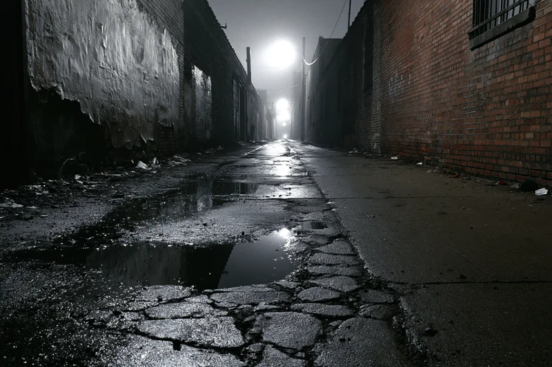 Narrow wet cracked alley between brick and concrete walls at night with puddles reflecting lamppost light