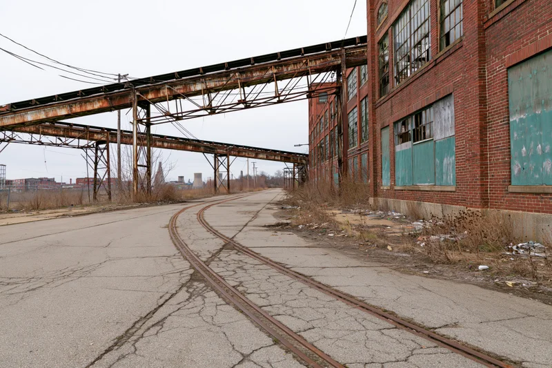 Abandoned industrial building with rusted overpass and cracked road featuring embedded railway tracks