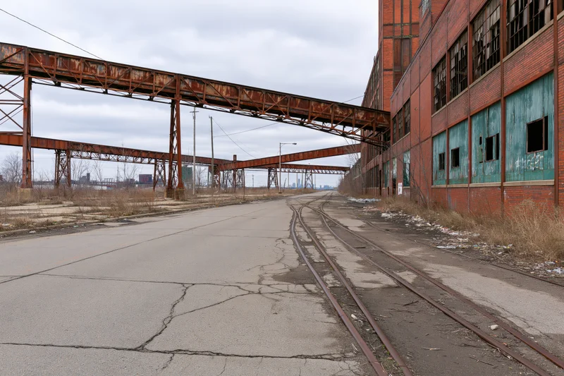 Cracked concrete road with railway tracks running alongside a derelict brick factory under rusted steel overpasses