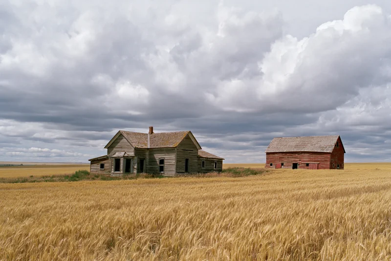 Abandoned farmhouse and red barn in a golden wheat field under cloudy sky