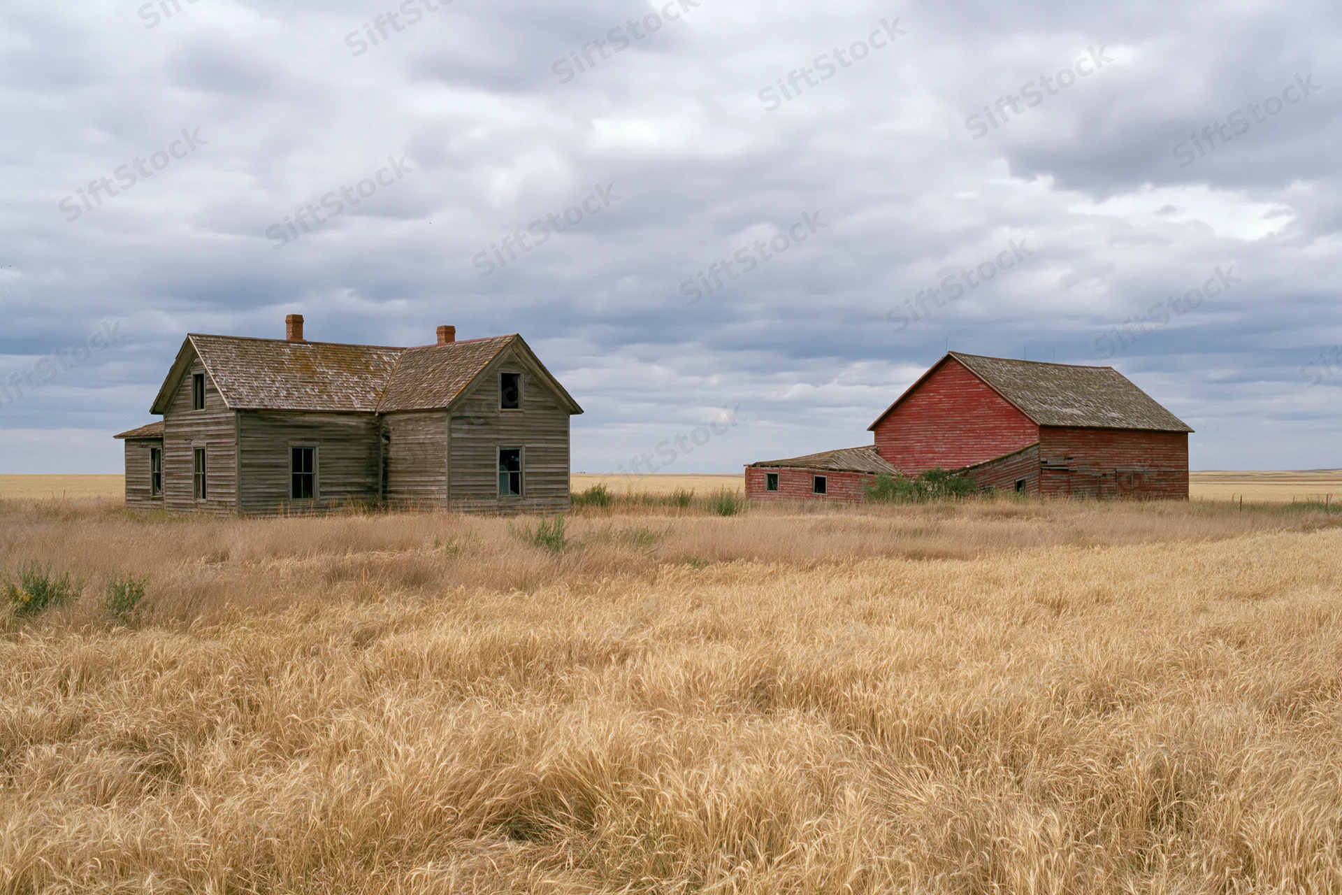 Abandoned farmhouse and red barn standing in a dry grass field under cloudy sky