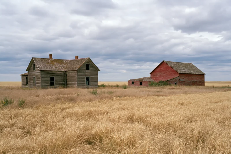 Abandoned farmhouse and red barn standing in a dry grass field under cloudy sky